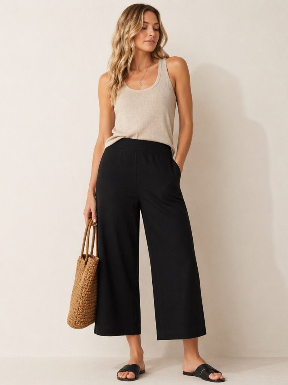 Banana Republic Wide-Leg Cropped Pants Black Linen Blend High Rise Size M